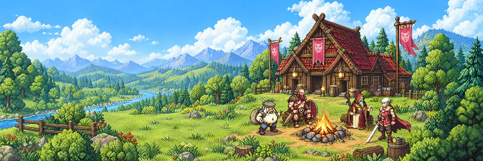 Heroes gather around a campfire in front of a timber great hall flying red banners.