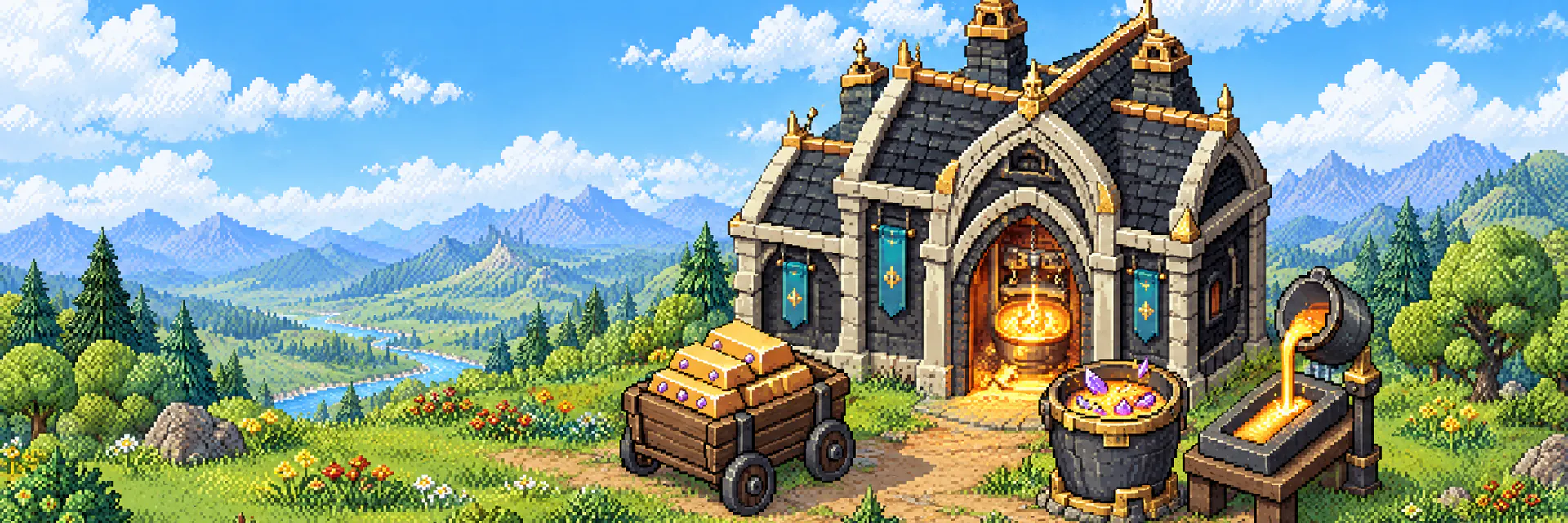 A stone forge hall with a glowing crucible, a cart of gold ingots and molten gold poured into a mould.