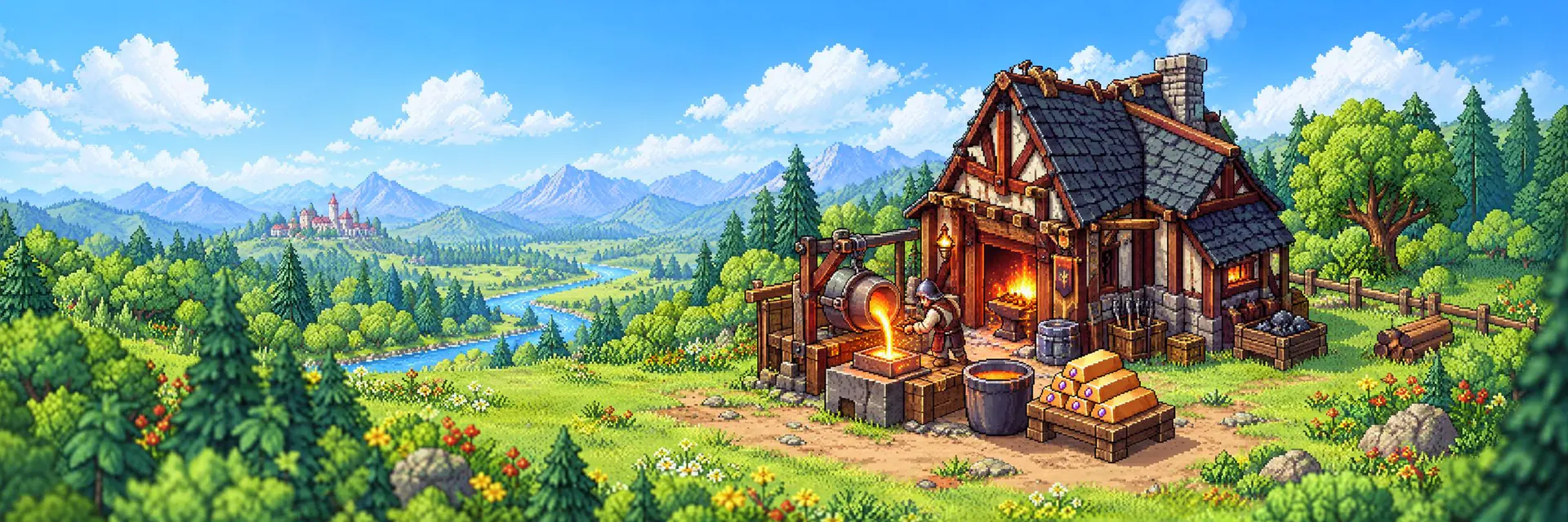 A smith pours molten gold at a timber forge, ingots stacked in front and a river valley behind.