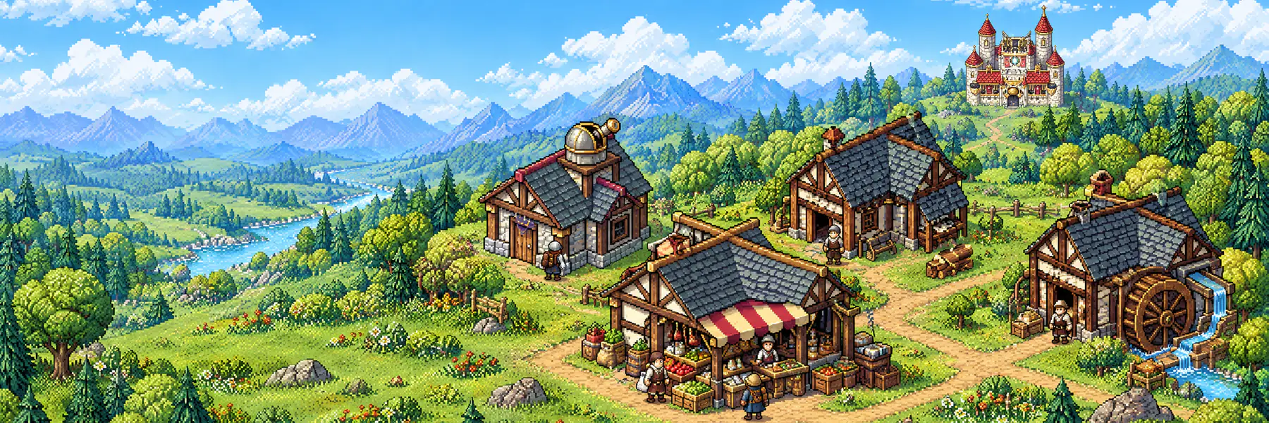 New workshops, a market stall and a water mill along a village road, with a castle on the hill behind.