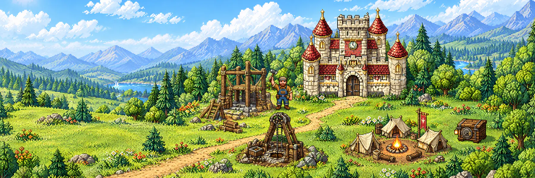 A keep in a green valley, with a builder at work, a mine and a camp of tents around a campfire.
