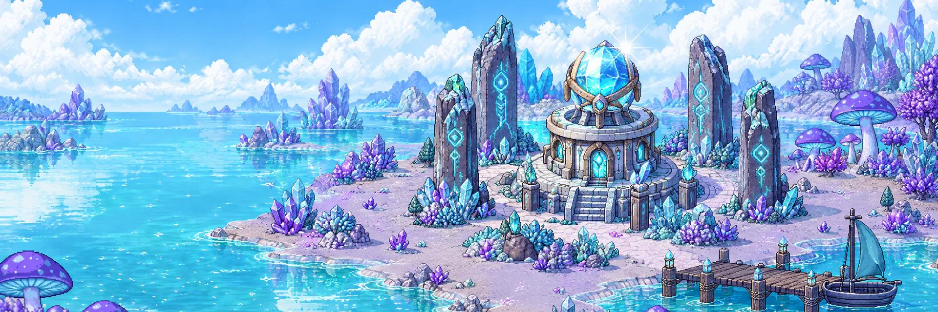 A crystal observatory ringed by rune stones on an island, a sailing boat moored at the jetty.