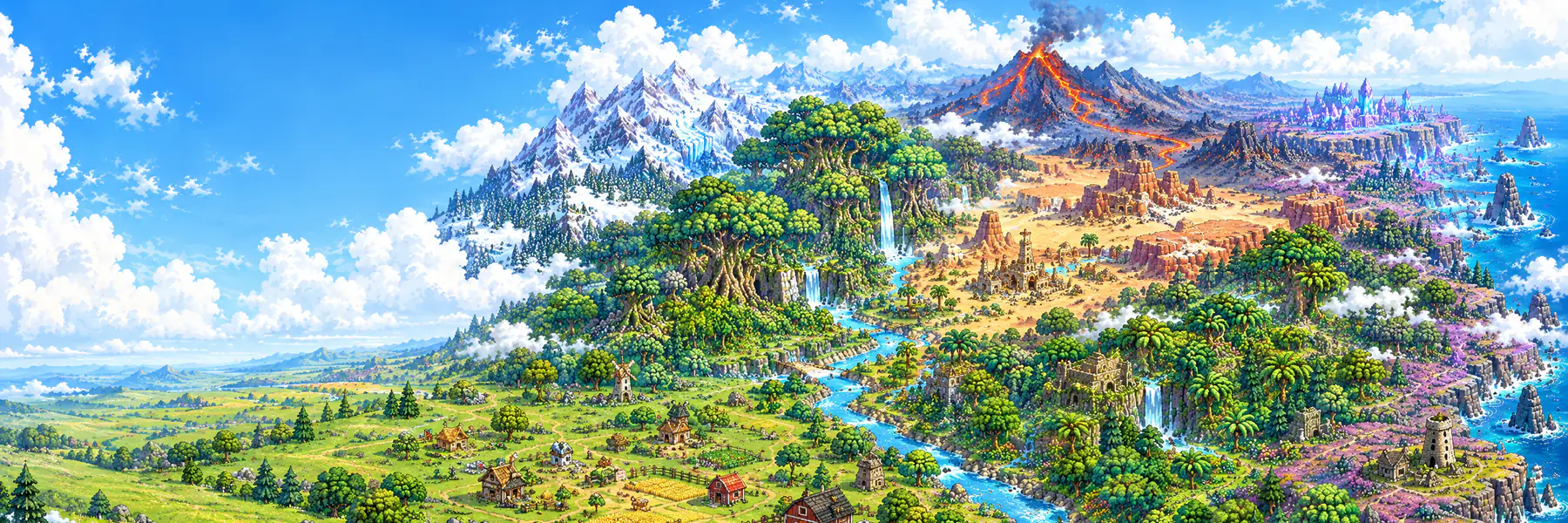 A painted map of the realms: farmland, a giant forest, snowy peaks, a desert and a volcano beside the sea.