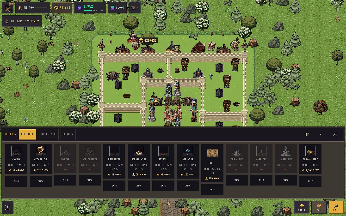 The build menu with its DEFENSES, BUILDINGS and HEROES tabs