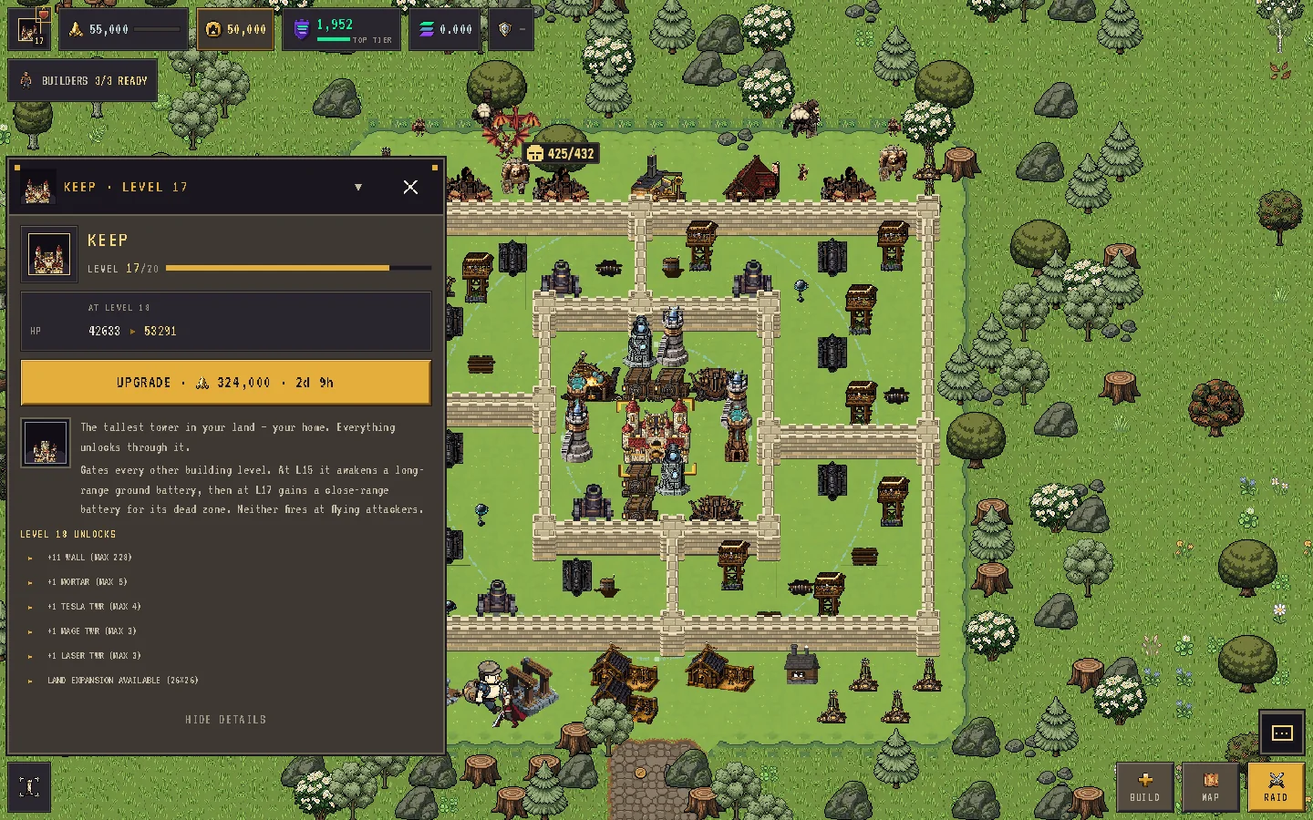 The building info sheet for a structure, showing level, stats and the upgrade button
