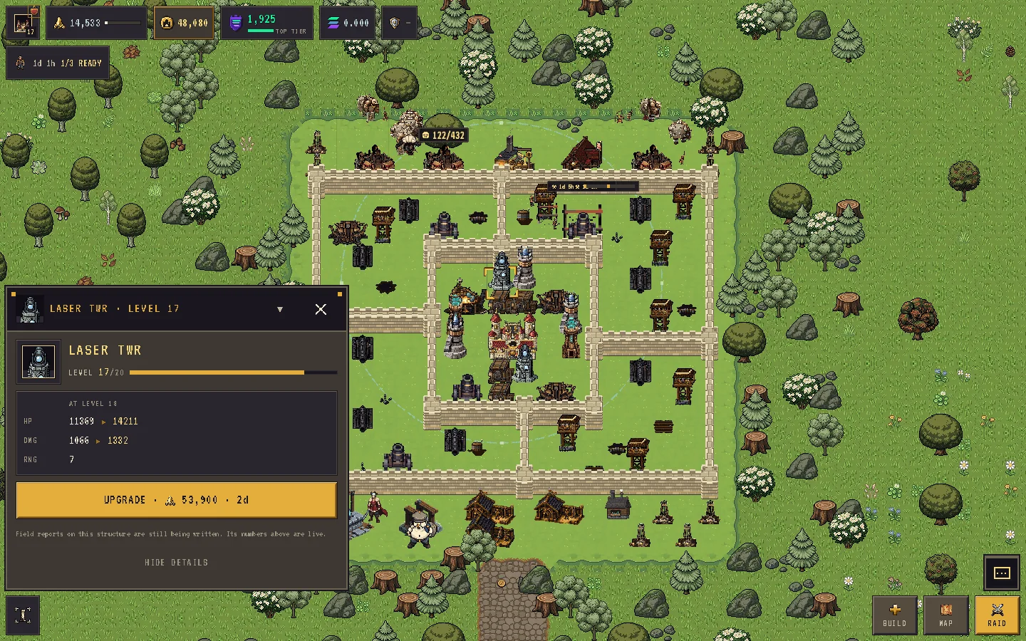 The defenses tab of the build menu with tower stats