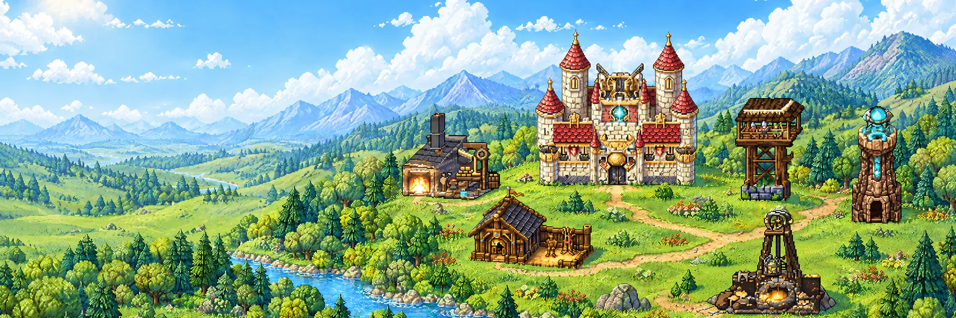 A keep on a green hill above a river valley, with a forge, a workshop, an archer tower, a mine and a crystal tower around it.