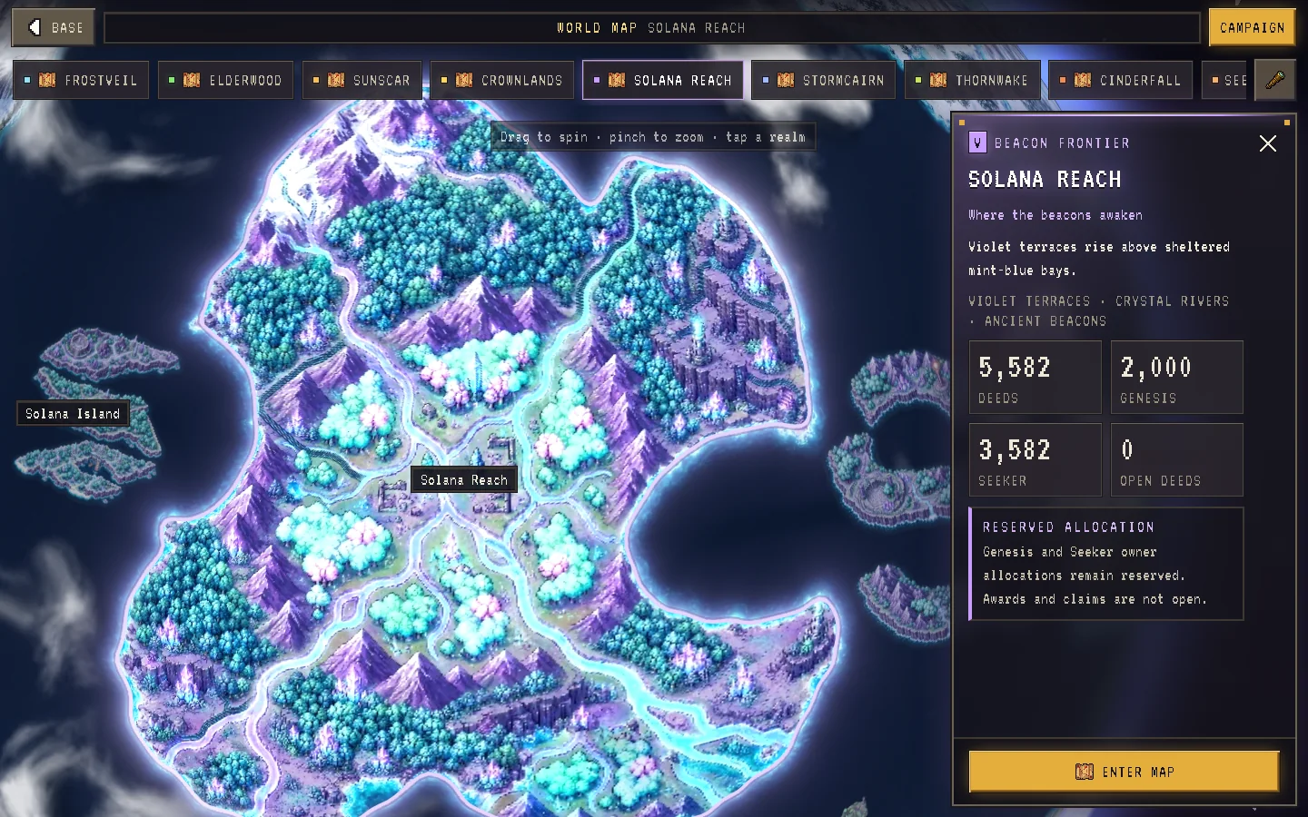 Solana Reach selected on the Realms Globe, with Solana Island off its western shore and Seeker Island to the east; the realm panel shows its reserved Genesis and Seeker deeds and no open deeds