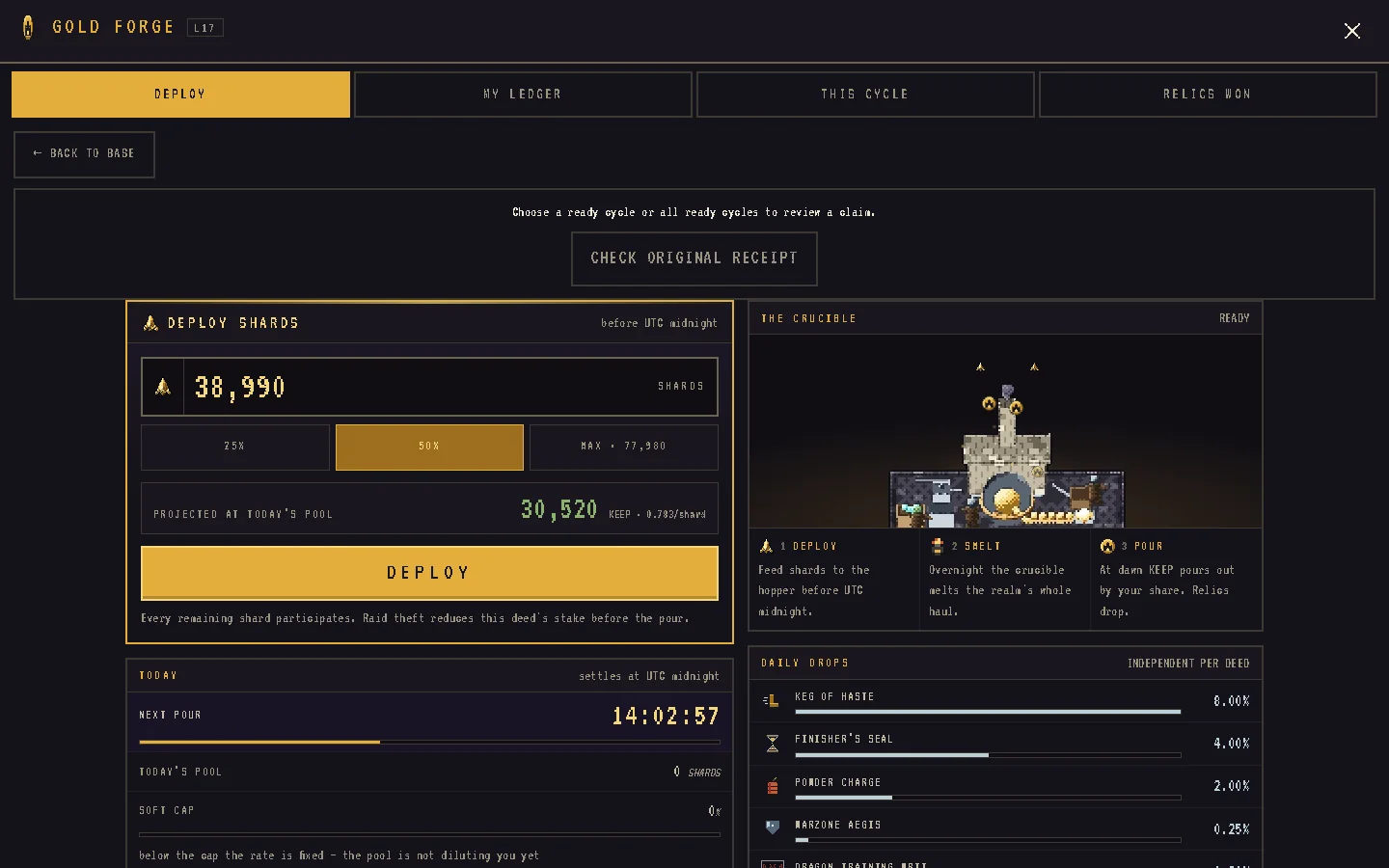 The Gold Forge screen with the day's pot and your contribution