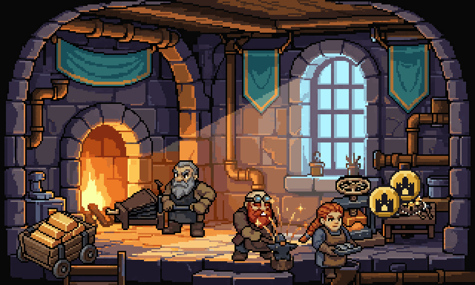 The Gold Forge interior: three dwarf smiths work the bellows, the anvil and the coin press while a cart of Forge Ingots waits by the furnace