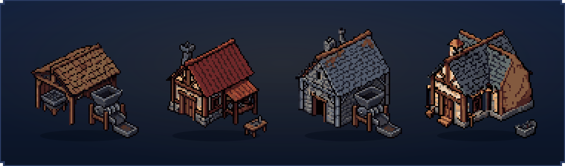 The Crownlands Realm Harvester at tiers 1 to 4, from an open ore shed to a slate-roofed ore works