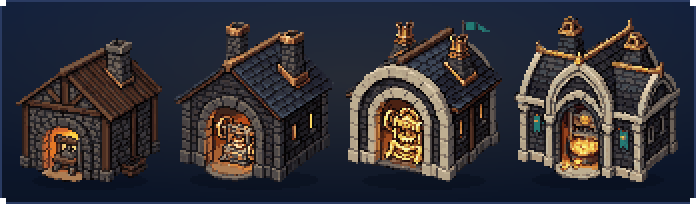 The Gold Forge at its four visual tiers, all at work: a timber smithy with a glowing hearth, a slate-roofed forge, an arched stone foundry and a twin-gabled foundry with gold trim, their furnaces pulsing
