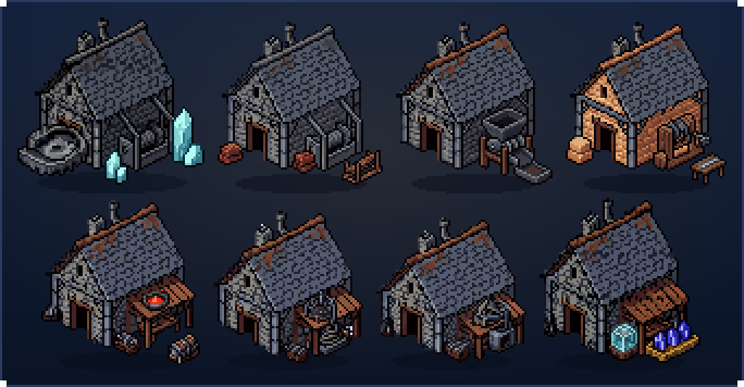 Eight tier-3 Realm Harvesters at work, one per realm: ice crystals at the Frostveil works, sandstone at Sunscar, an ember forge at Cinderfall and violet prisms at Solana Reach