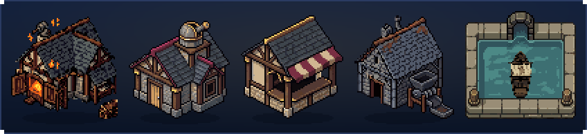 The five new buildings at work, side by side: the Workshop's hearth glowing, the Exploration Lodge with its domed lookout, the Market under a striped awning, the Crownlands Realm Harvester at its ore works and a Berth with the starter boat bobbing in its stone basin