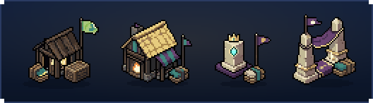 Four site markers (a timber Seeker hut, a thatched Solana workshop, a white Divine pillar and a Divine clan arch) busy while active, then closed, empty and flagged as the term cycles