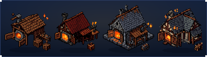 The Workshop at work, tiers 1 to 4: a timber shed with a hearth, a red-roofed workshop, a slate-roofed stone hall and a timbered hall, sparks rising from each forge