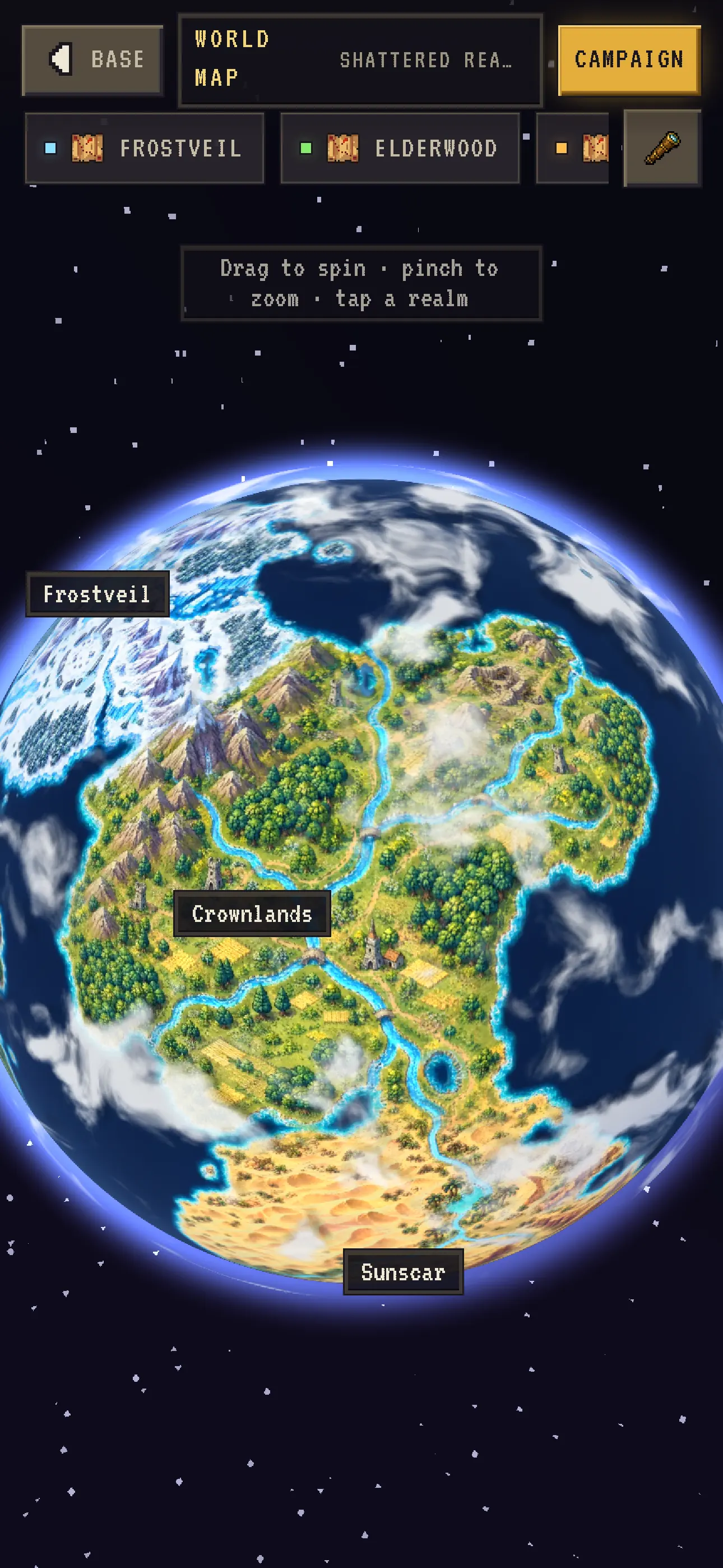 The Realms Globe on a phone screen: the painted globe with Crownlands, Frostveil and Sunscar under the realm rail