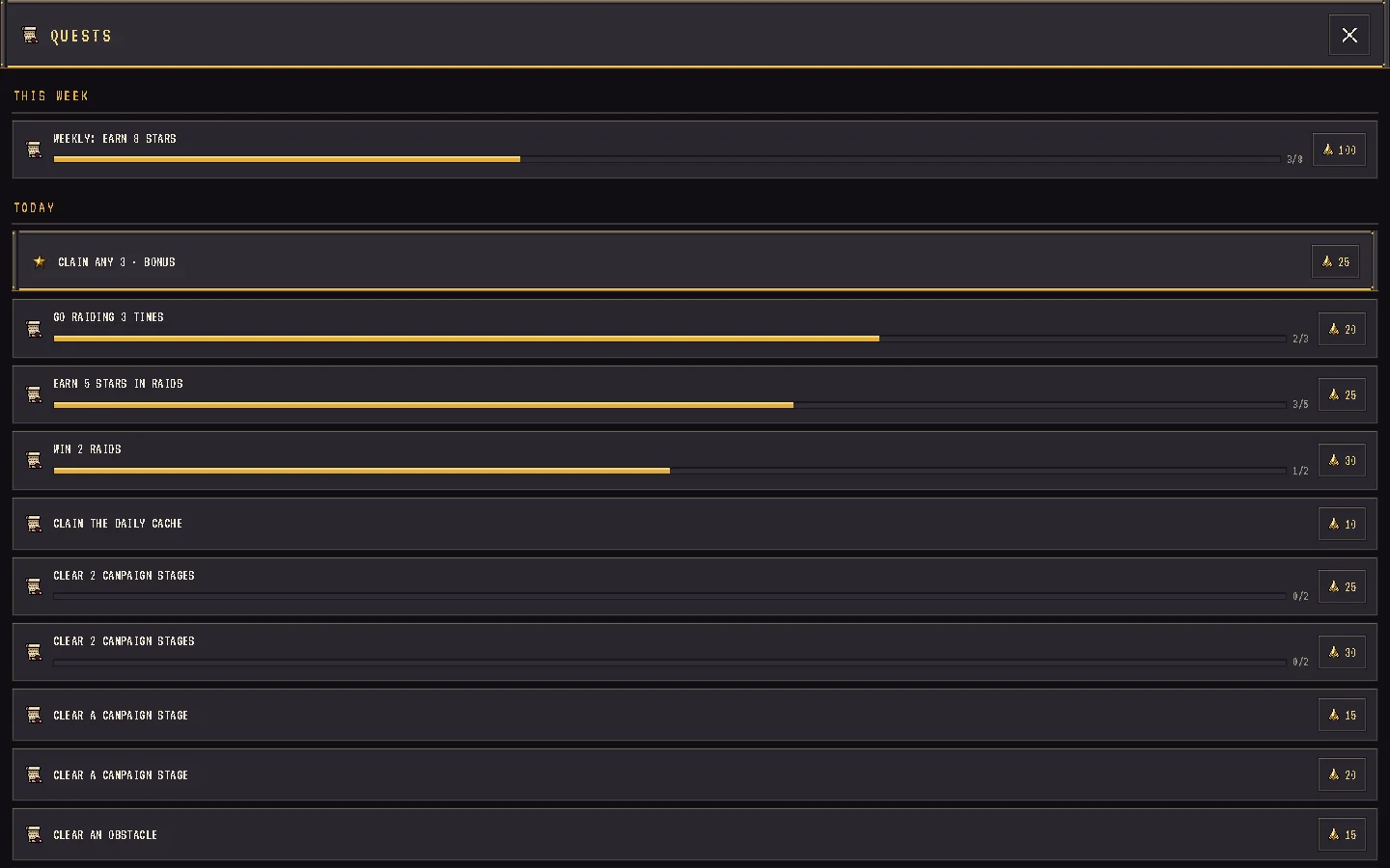 The Quest Board with daily quests, their SHARDS rewards and CLAIM buttons