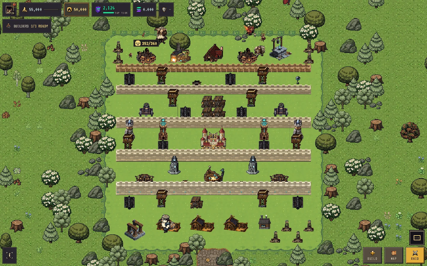 Wall runs at all five visual tiers, from a timber palisade to shard-crowned sandstone battlements