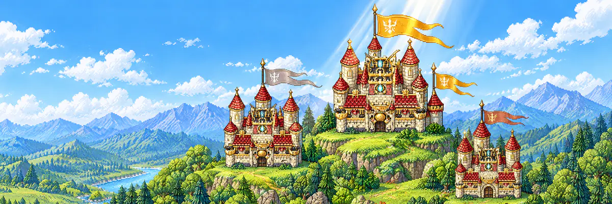 Three keeps on terraced hills fly gold, silver and bronze pennants; the tallest stands in a shaft of sunlight.